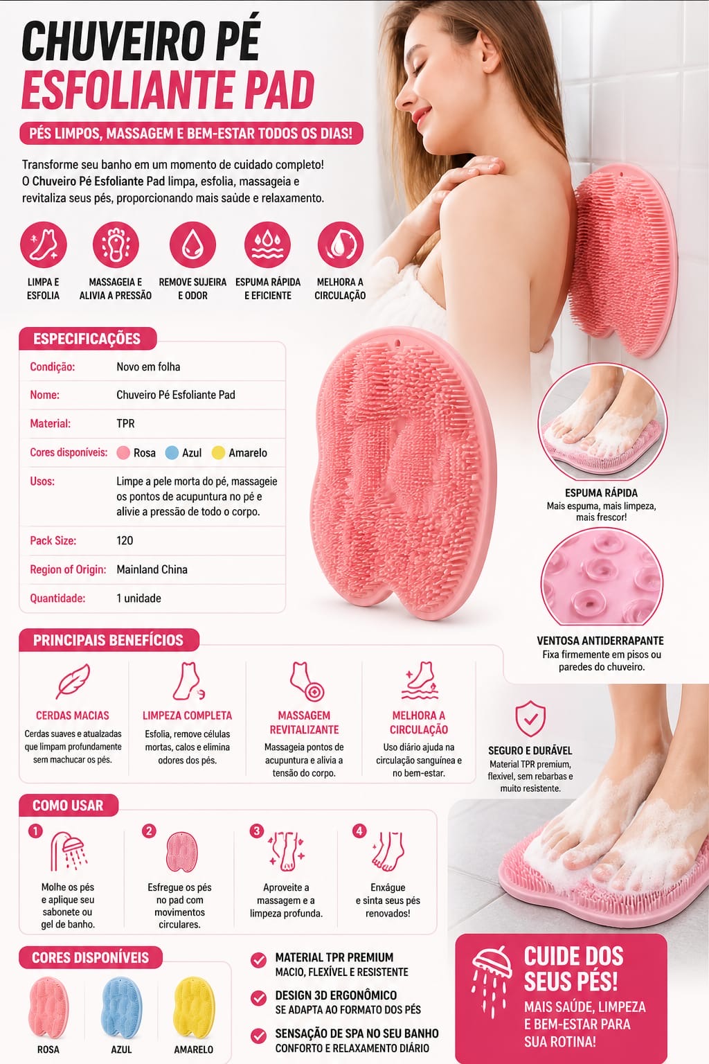 Escova Massageadora para Pés e Costas com Base Antiderrapante